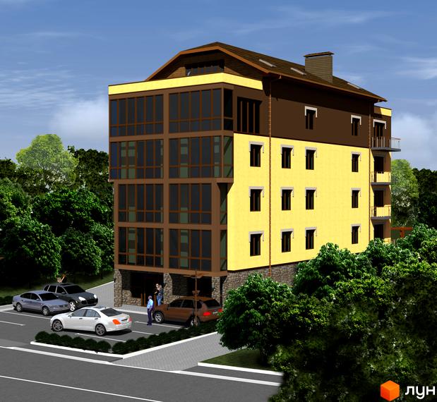 Житловий комплекс Княжий – це сучасна новобудова з жовтим фасадом та коричневими вікнами. Перед будинком розташована парковка з автомобілями та зелені насадження.