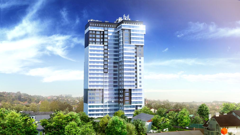 Житловий комплекс Науковий - висотна новобудова з панорамним склінням на фоні блакитного неба та зелені. Комплекс оточений деревами та іншими будівлями.