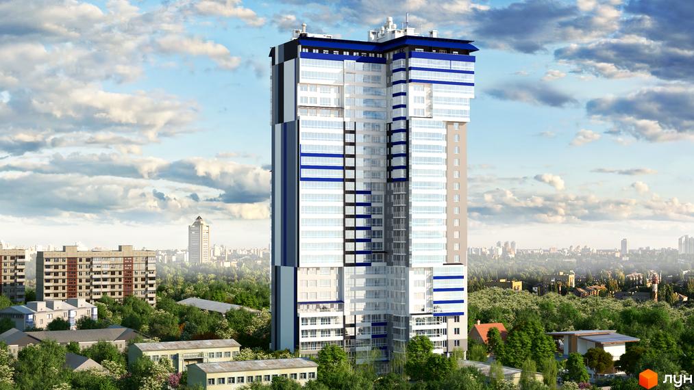 Новобудова ЖК Науковий - висотна будівля з панорамним склінням та синіми елементами фасаду на фоні міського пейзажу та зелені.