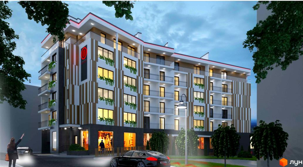 Зображення фасаду Житлового комплексу Соната Бортнянського. Багатоповерховий будинок з балконами та комерційними приміщеннями на першому поверсі.