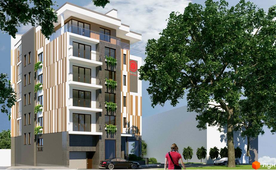 Зображення фасаду та прибудинкової території Житлового комплексу Соната Бортнянського. Багатоповерховий будинок з балконами та озелененням.