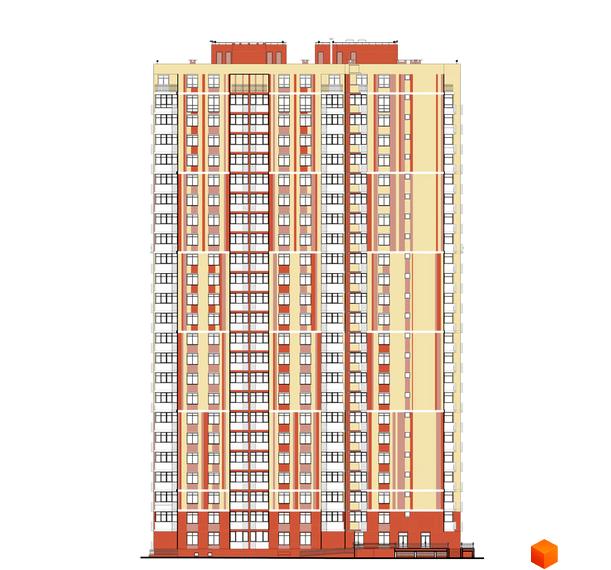 Фасад житлового комплексу Еврика з численними вікнами та балконами, виконаний у бежевих та червоних тонах. Будинок має багатоповерхову структуру з чіткими вертикальними та горизонтальними лініями.