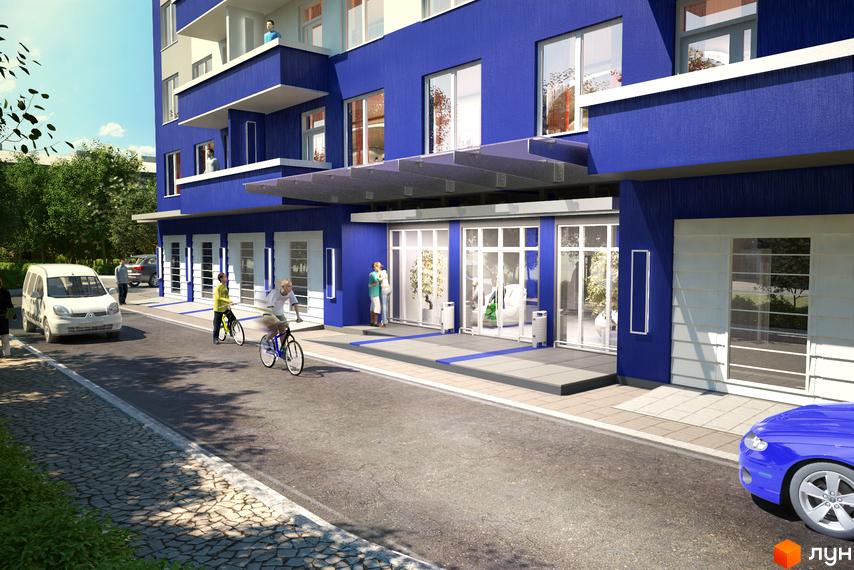 Зовнішній вигляд новобудови ЖК Науковий з синім фасадом та балконами. На прибудинковій території видно автомобілі та людей на велосипедах.