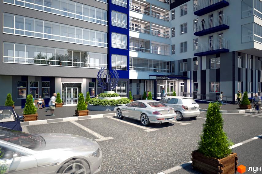 Зовнішній вигляд новобудови ЖК Науковий з парковкою та зеленими насадженнями. Сучасна архітектура та доглянута прибудинкова територія.