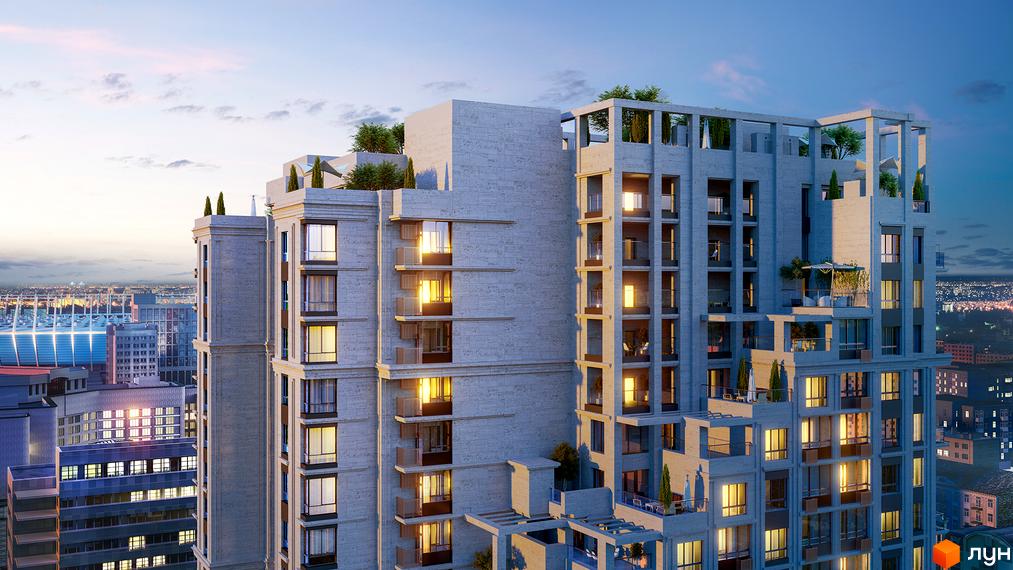 Житловий комплекс CRYSTAL RESIDENCE: багатоповерховий будинок світлого кольору з балконами та зеленими терасами. На задньому плані міський пейзаж та стадіон.