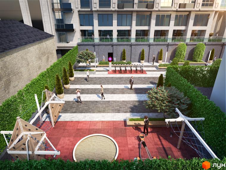 Житловий комплекс CRYSTAL RESIDENCE з зоною відпочинку та дитячим майданчиком. Сучасна архітектура та зелена прибудинкова територія.