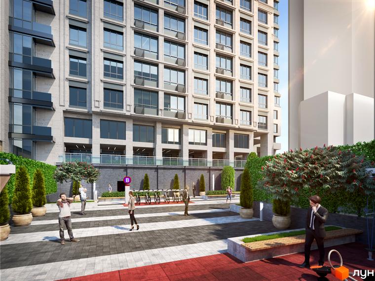 Житловий комплекс CRYSTAL RESIDENCE: багатоповерховий будинок зі світлим фасадом та великими вікнами. Прибудинкова територія з бруківкою, зеленими насадженнями та зонами відпочинку.