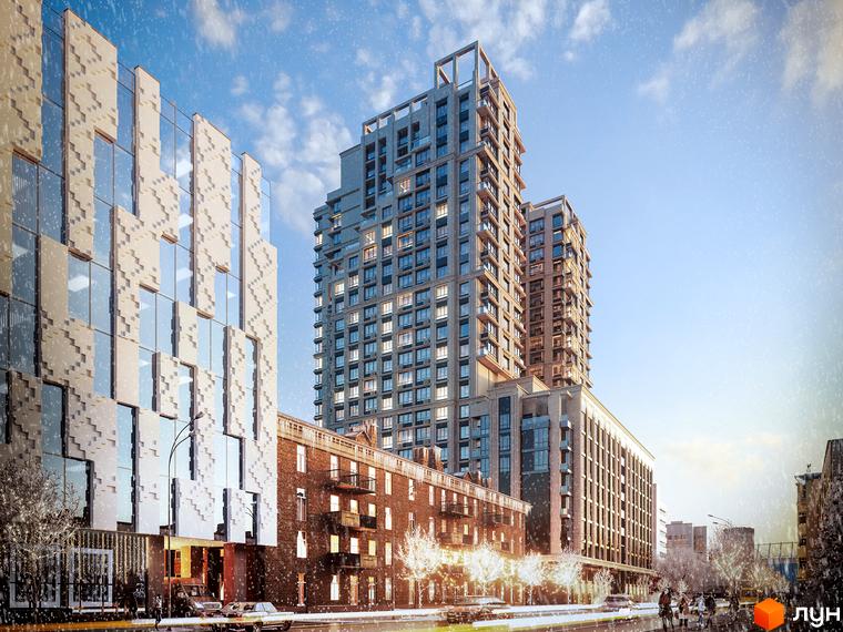 Житловий комплекс CRYSTAL RESIDENCE. Зовнішній вигляд новобудови з панорамними вікнами та цегляною кладкою. Навколо будівлі дерева та міська вулиця.