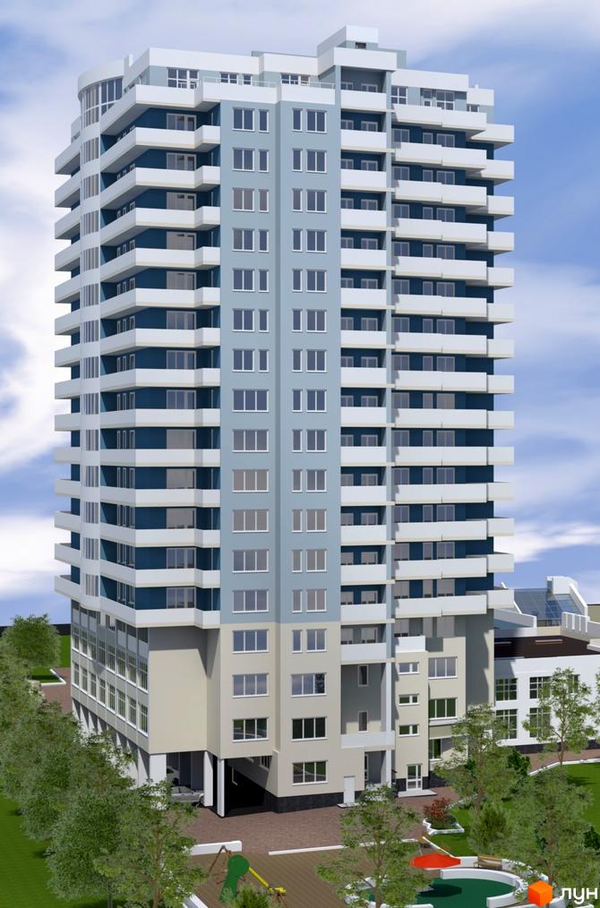 Зовнішній вигляд новобудови ЖК Тихий центр з численними балконами та великими вікнами. Прибудинкова територія з деревами та дитячим майданчиком.