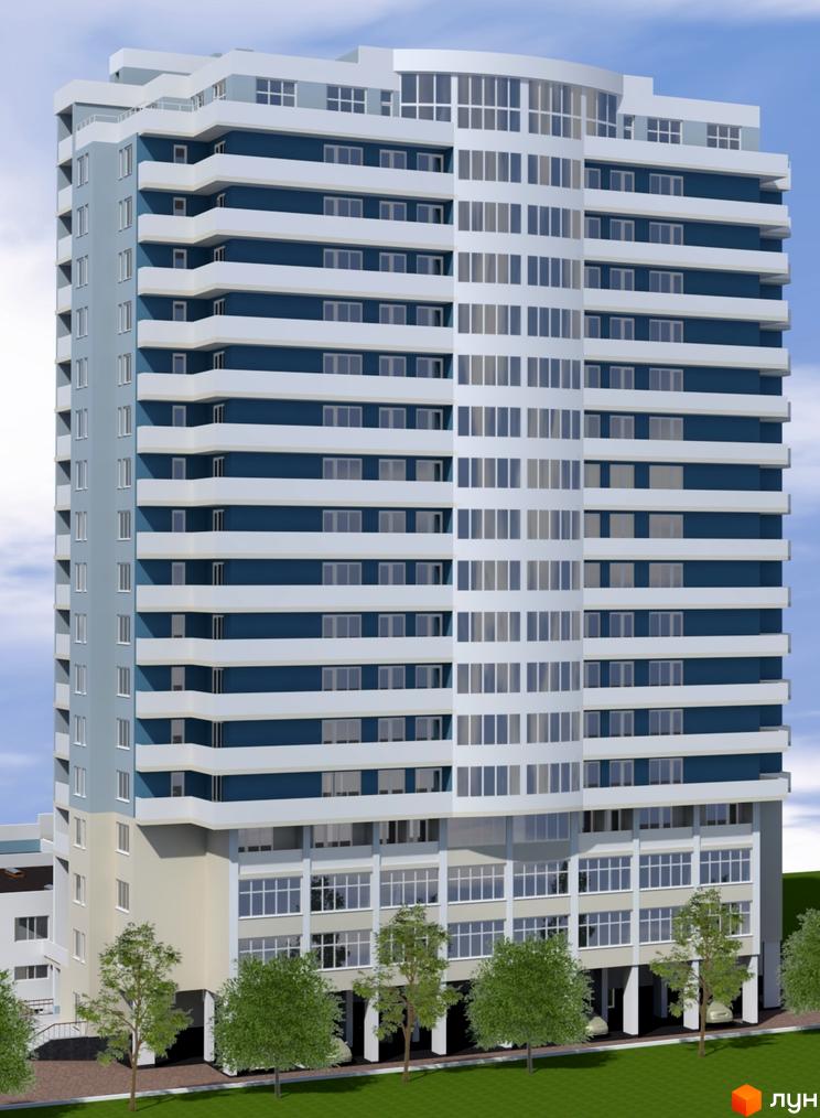 Зовнішній вигляд новобудови ЖК Тихий центр з синіми та білими фасадами, балконами та великою кількістю вікон. Навколо будинку зелена зона з деревами та доріжками.