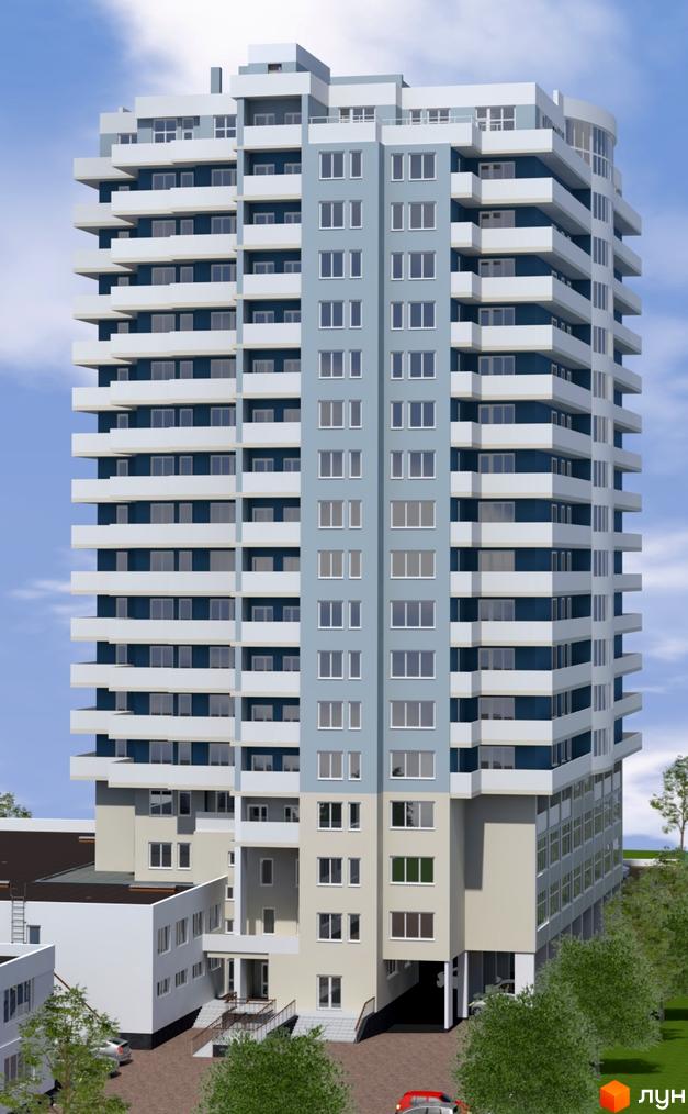 Зовнішній вигляд новобудови ЖК Тихий центр: багатоповерховий будинок зі світло-блакитними та білими фасадами, балконами та великими вікнами. Навколо будинку зелені насадження та прибудинкова територія.