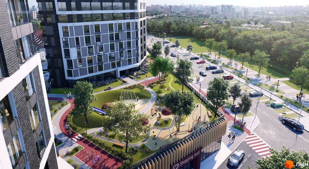 Зображення житлового комплексу Poetica. Перша колекція. На фото будинок з великими вікнами та прибудинкова територія з дитячим майданчиком.