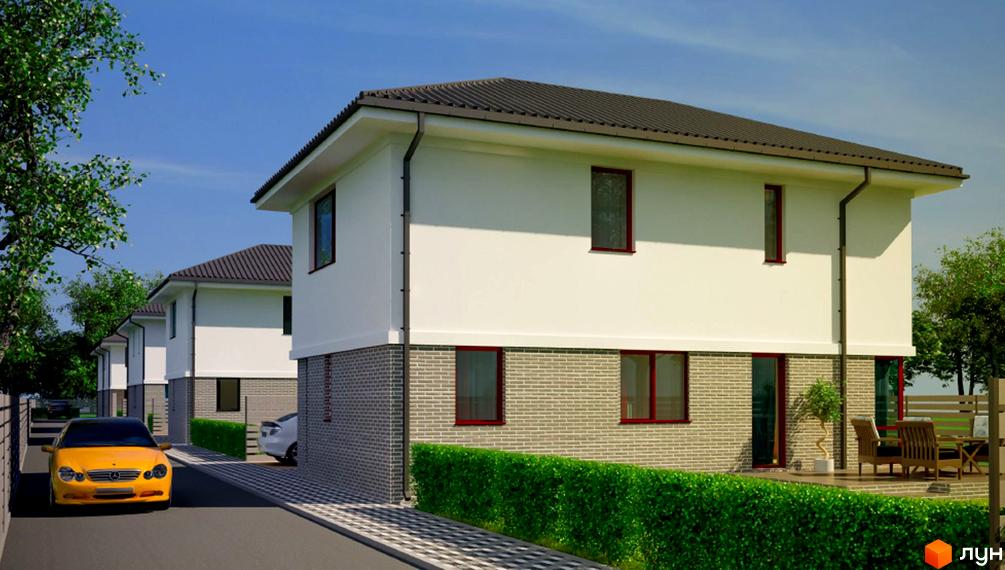 Котеджне містечко Святошинський: двоповерхові будинки з білим фасадом та цегляним цоколем. Прибубудинкова територія має зелені насадження та вимощену доріжку.