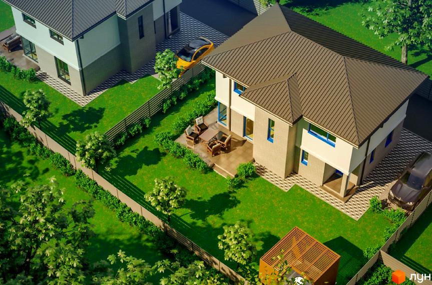 Котеджне містечко Святошинський: два двоповерхові будинки зі світлими фасадами та коричневими дахами. Навколо зелені газони, дерева та патіо з меблями.