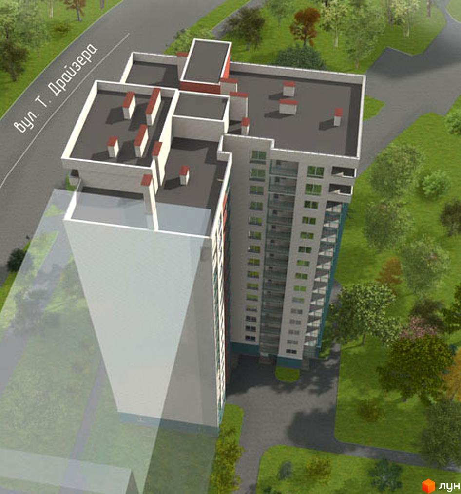 Зображення житлового комплексу Перспектива з висоти пташиного польоту. Високий будинок з великою прибудинковою територією та зеленими насадженнями.