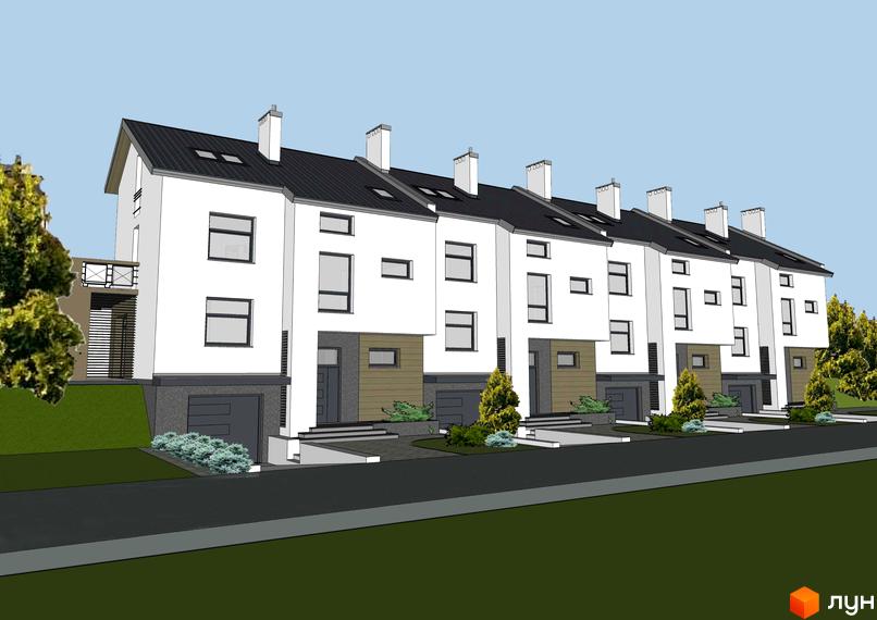 Зображення житлового комплексу по вул. Кільцева, 18-24. На фотографії видно декілька двоповерхових будинків з гаражами та невеликою прибудинковою територією.