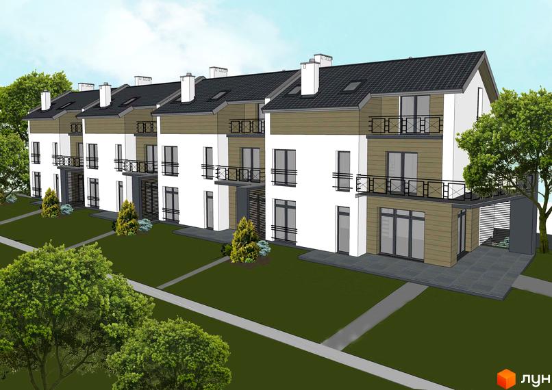 Візуалізація житлового будинку на вул. Кільцева, 18-24. Триповерховий будинок з балконами та великими вікнами, зелений газон.
