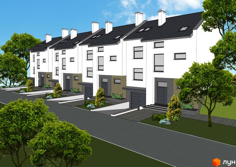 Зображення житлового комплексу по вул. Кільцева, 18-24. На фотографії видно ряд будинків з білими фасадами та темними дахами, перед якими розташовані дерева та дорога.