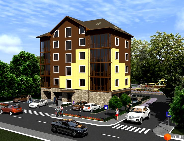 Зовнішній вигляд новобудови Княжий: коричнево-жовтий будинок з великими вікнами та прибудинкова територія з парковкою та зеленими насадженнями.