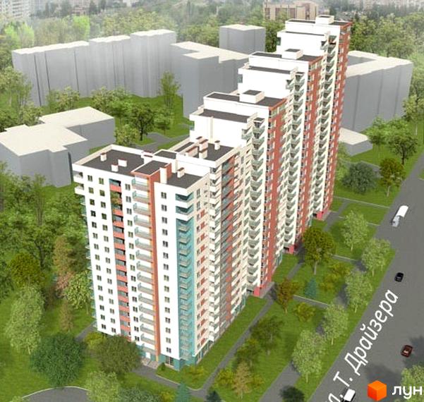 Зображення Житлового комплексу Перспектива. Вигляд багатоповерхового будинку з червоно-білим фасадом та прилеглою зеленою територією.