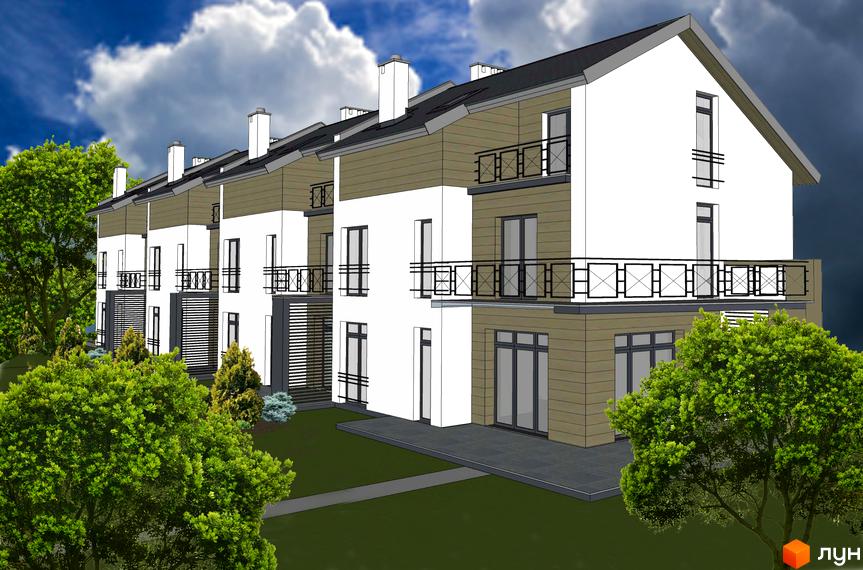 Ряд багатоквартирних будинків з білими та коричневими фасадами, балконами, на тлі зелених дерев та газону. Житловий комплекс за адресою вул. Кільцева, 18-24.