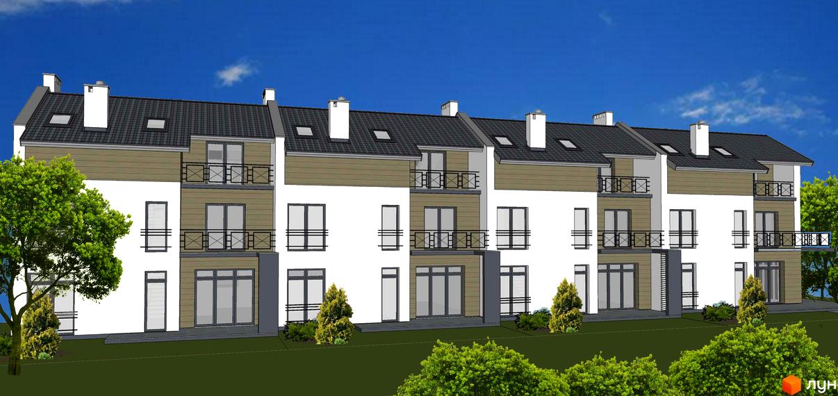 Зображення фасаду Житлового комплексу по вул. Кільцева, 18-24. Триповерхові будинки з балконами та великими вікнами, зелені насадження на прибудинковій території.