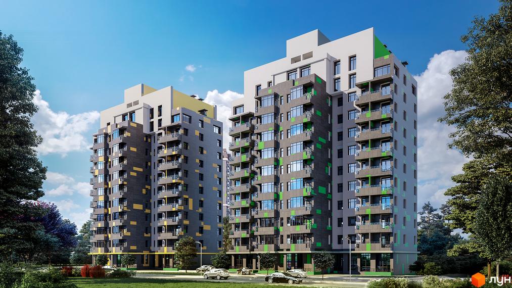 Житловий комплекс Кирилівський Гай: два багатоповерхові будинки з сірими фасадами, жовтими та зеленими елементами. Прибудинкова територія з деревами та дорогою.