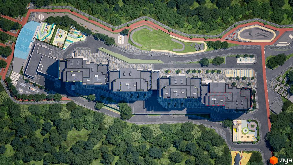 Аерофотознімок Житлового комплексу Кирилівський Гай з багатоповерховими будинками, спортивними майданчиками та дитячими зонами серед зелених насаджень.