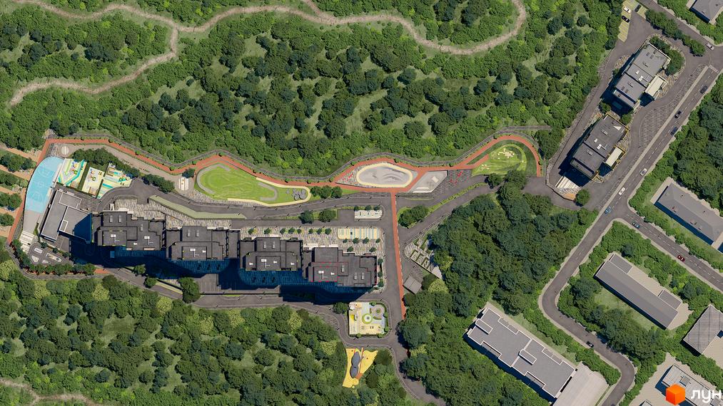 Житловий комплекс Кирилівський Гай: багатоповерхові будинки, оточені лісопарком, спортивними та дитячими майданчиками, а також скейтпарком.