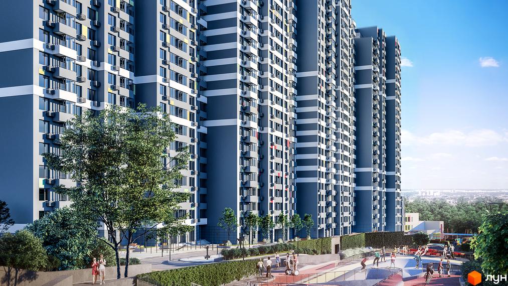 Багатоповерхові будинки Житлового комплексу Кирилівський Гай сірого кольору з білими смугами та балконами. Навколо зелені насадження та скейт-парк.