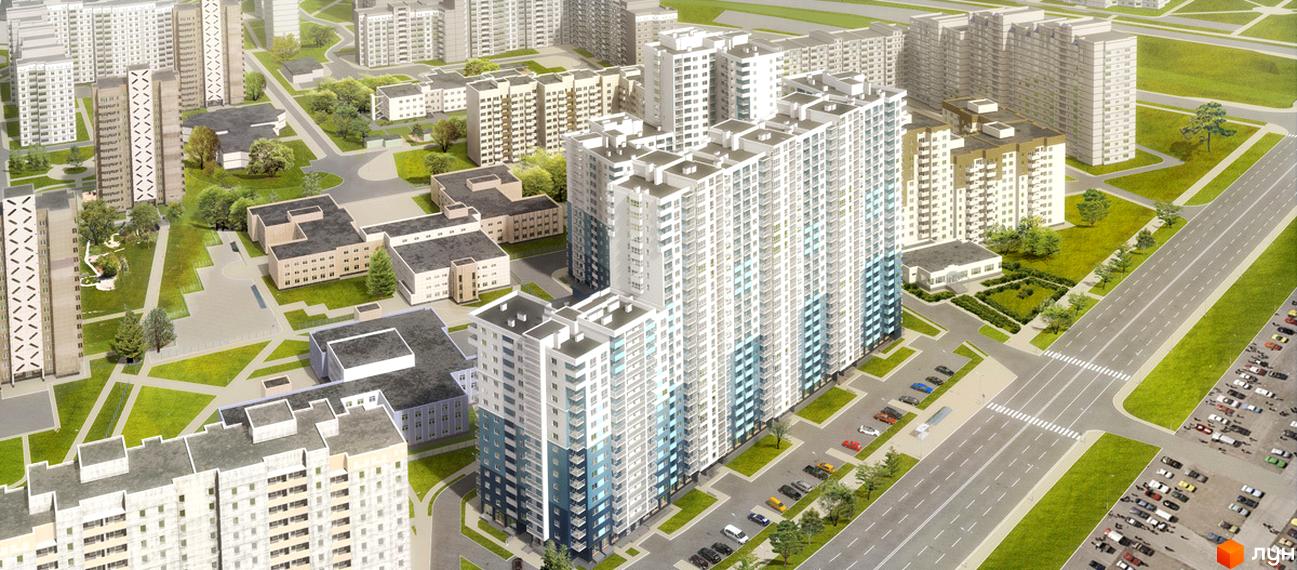 Зображення Житлового комплексу Перспектива. Вигляд багатоповерхового будинку та прибудинкової території з паркінгом.