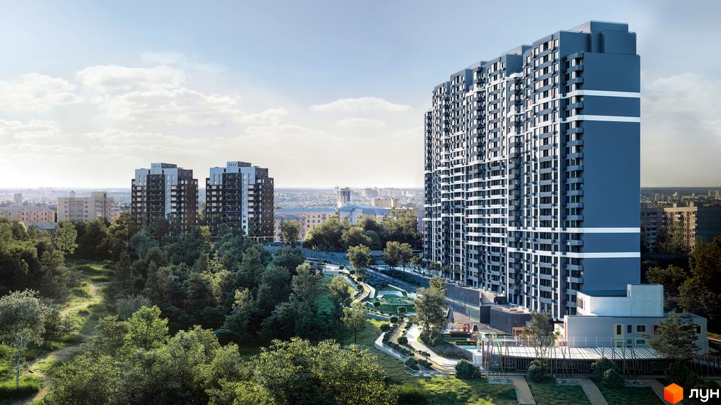 Житловий комплекс Кирилівський Гай: високі будинки синьо-сірого кольору та зелена територія з доріжками і дитячим майданчиком.