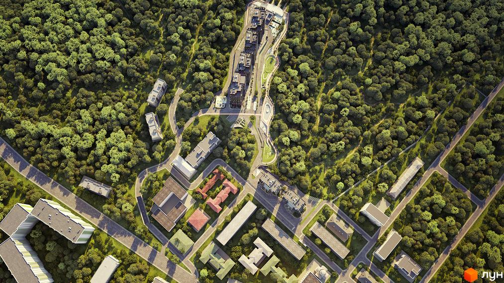 Житловий комплекс Кирилівський Гай: аерофото багатоповерхових та малоповерхових будівель, оточених лісом та зеленими зонами.