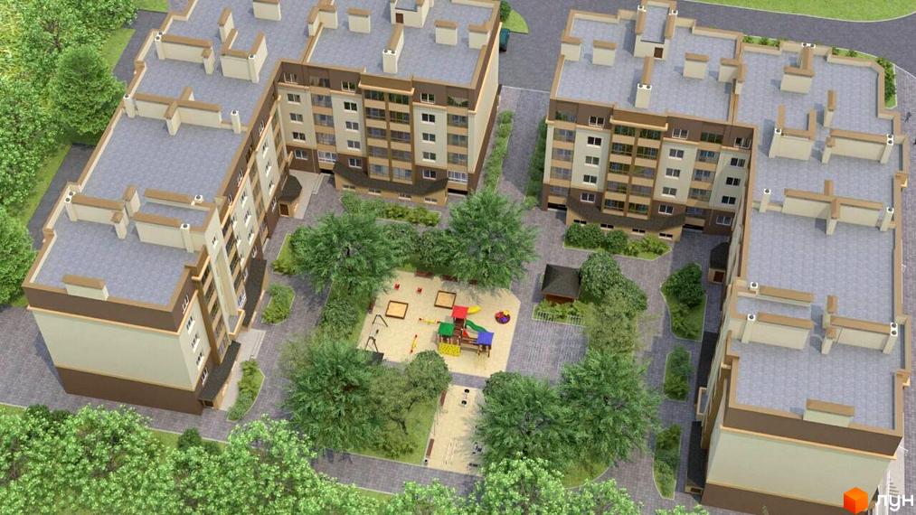 Зовнішній вигляд житлового комплексу Дмитрівський з висоти пташиного польоту. На території комплексу розташований дитячий майданчик та зелені насадження.