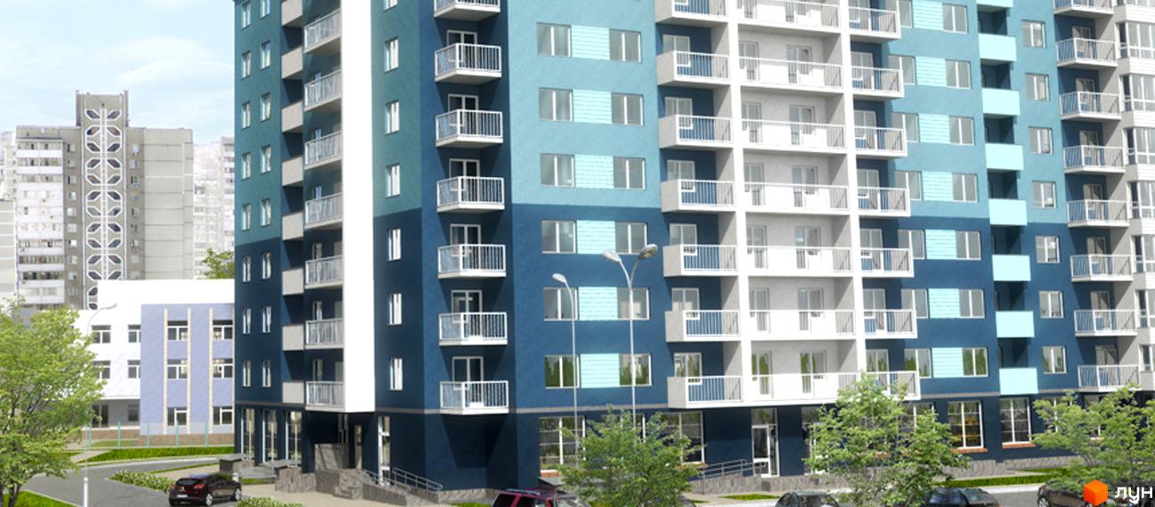 Зображення фасаду багатоповерхового будинку в Житловому комплексі Перспектива. На передньому плані дерева та припарковані автомобілі.