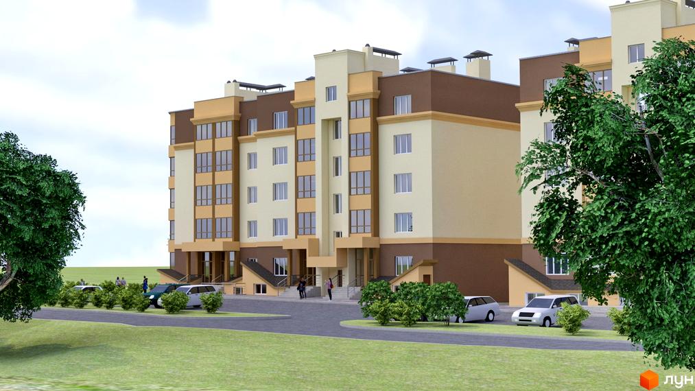 Зовнішній вигляд багатоповерхового житлового комплексу Дмитрівський з коричневими та бежевими фасадами. На прибудинковій території розташовані зелені насадження та припарковані автомобілі.