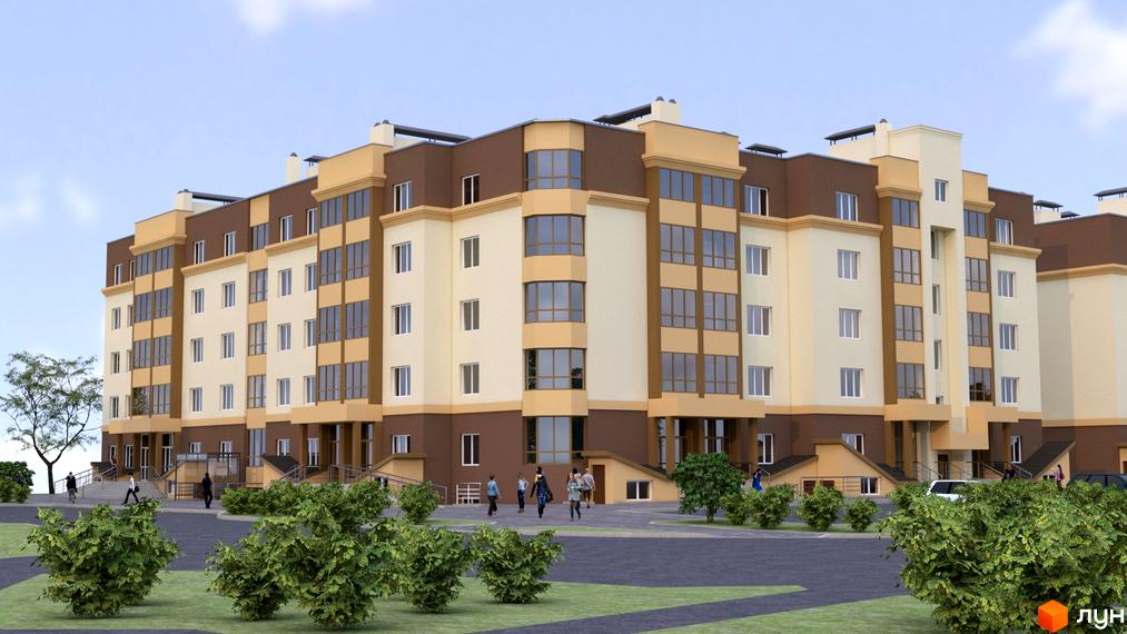 Зовнішній вигляд багатоповерхового будинку ЖК Дмитрівський з коричневими та бежевими фасадами. Навколо будинку зелені насадження та доріжки.