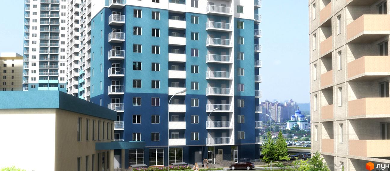 Зображення фасаду багатоповерхового будинку в Житловому районі Перспектива. Вигляд новобудови з балконами та благоустроєм території.