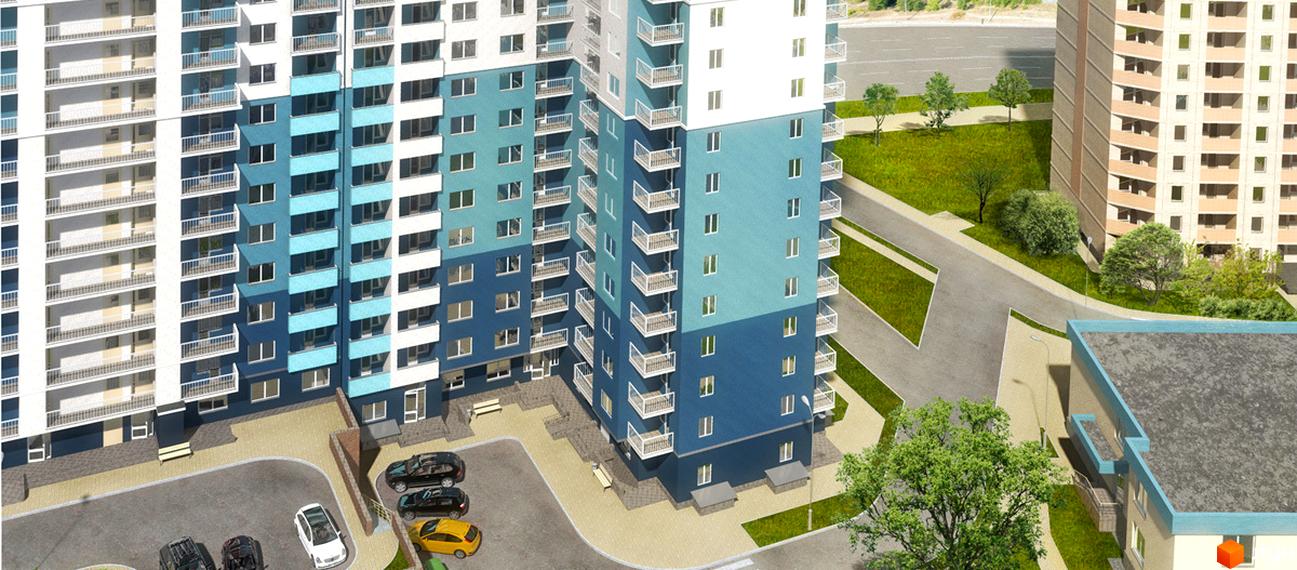 Зображення фасаду багатоповерхового будинку в Житловому комплексі Перспектива. На передньому плані парковка з автомобілями та озеленена територія.