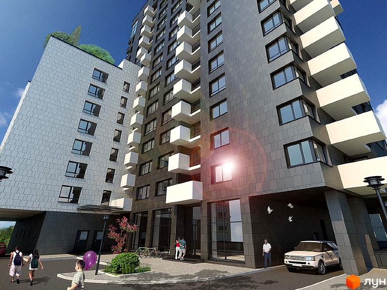 Новобудова Дипломат: багатоповерхова будівля з комбінованими сірими фасадами, білими балконами та великими вікнами. Прибудинкова територія з пішохідними доріжками та зеленими насадженнями.