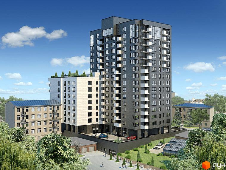 Житловий комплекс Дипломат: високий темно-сірий будинок з білими балконами та прилегла світла секція. Територія з зеленими насадженнями та пішохідними доріжками.