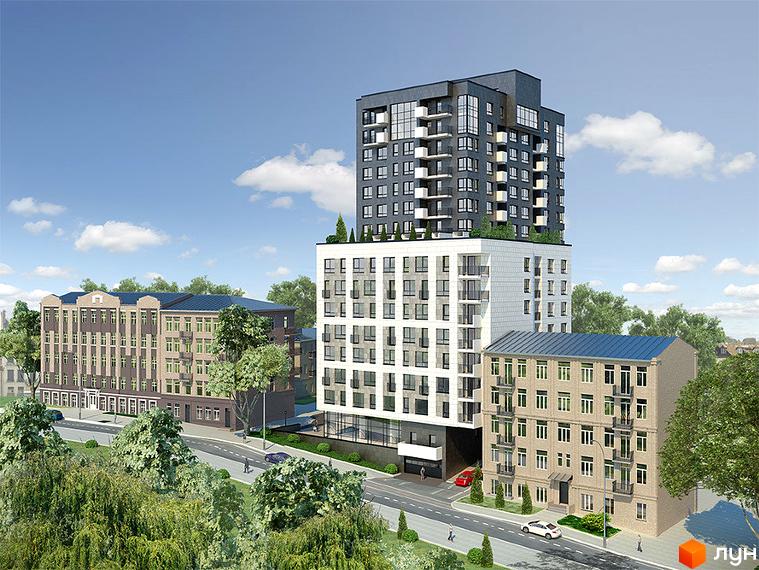 Житловий комплекс Дипломат: високий будинок з темно-сірим верхнім та світлим нижнім фасадом. Прибудинкова територія оточена зеленими деревами та дорогою.