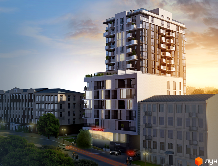 Багатоповерховий житловий комплекс Дипломат з балконами та великими вікнами. Поруч вулиця з автомобілями, пішоходами та іншими будинками.