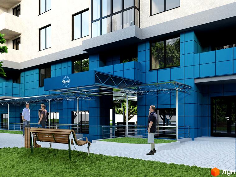 Зображення фасаду та входу в Житловий район Південний квартал. Вигляд новобудови та прибудинкової території з лавкою.