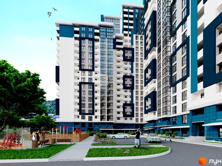 Зображення фасаду та прибудинкової території Житлового комплексу Південний квартал. Вигляд багатоповерхового будинку з вікнами та паркінгом.