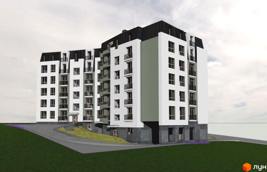 Зображення будинку в Житловому комплексі Жовківська брама. Багатоповерхова будівля з великою кількістю вікон і балконів, поруч зелена територія.