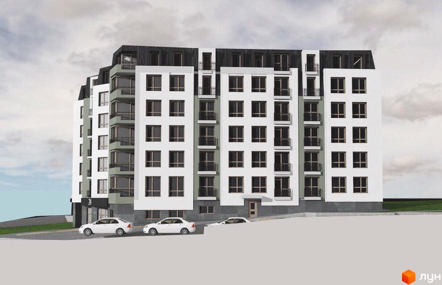 Житловий комплекс Жовківська брама: багатоповерховий будинок білого кольору з темним дахом та балконами. Перед будівлею припарковані автомобілі та зелені насадження.