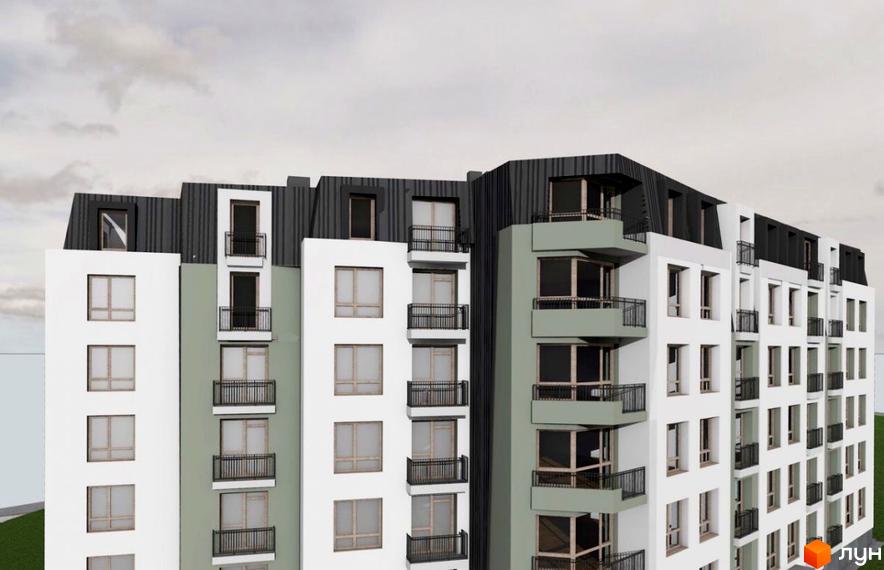 Житловий комплекс Жовківська брама. Фасад багатоповерхового будинку з білими та світло-зеленими секціями, темним дахом і балконами.