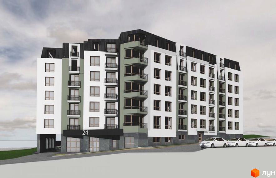 Багатоповерховий будинок Житлового комплексу Жовківська брама з білим та світло-зеленим фасадом. Перед будинком розташована дорога та припарковані автомобілі.