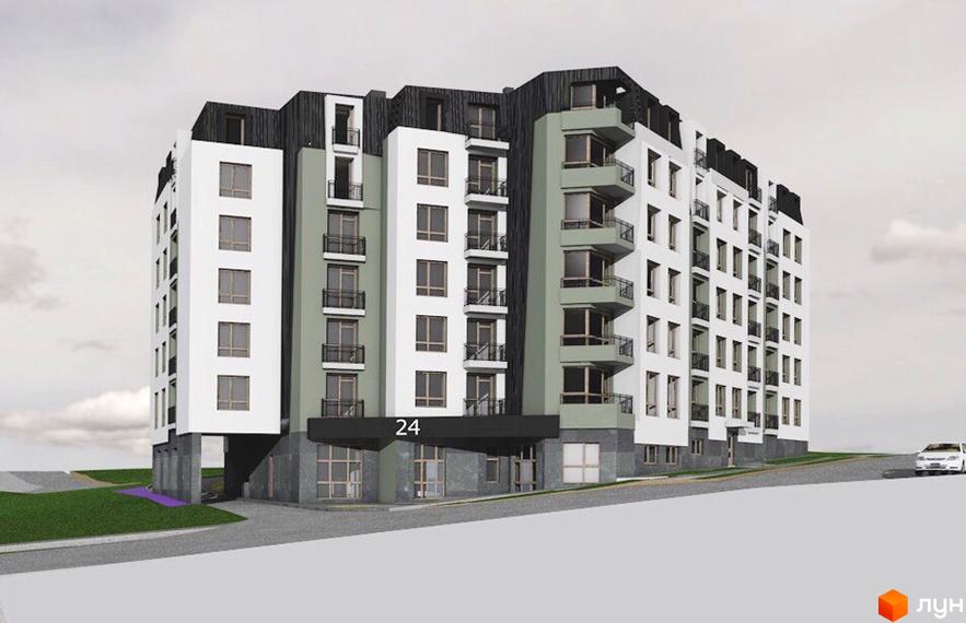 Багатоповерховий будинок Житловий комплекс Жовківська брама з білими та світло-зеленими фасадами, темним дахом. Попереду дорога, зелена трава та авто.